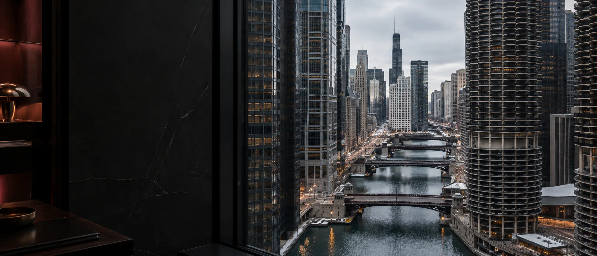 Elevated view of the Chicago skyline at blue hour
